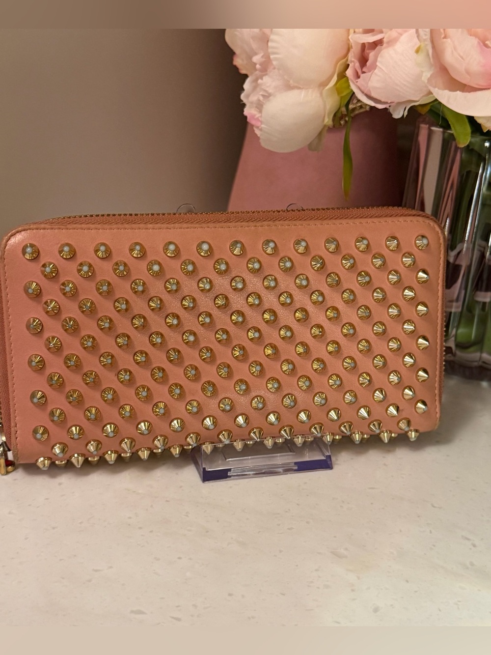 Christian Louboutin panettone Pink Studded Leather Zip Clutch w Gold Spikes EUC